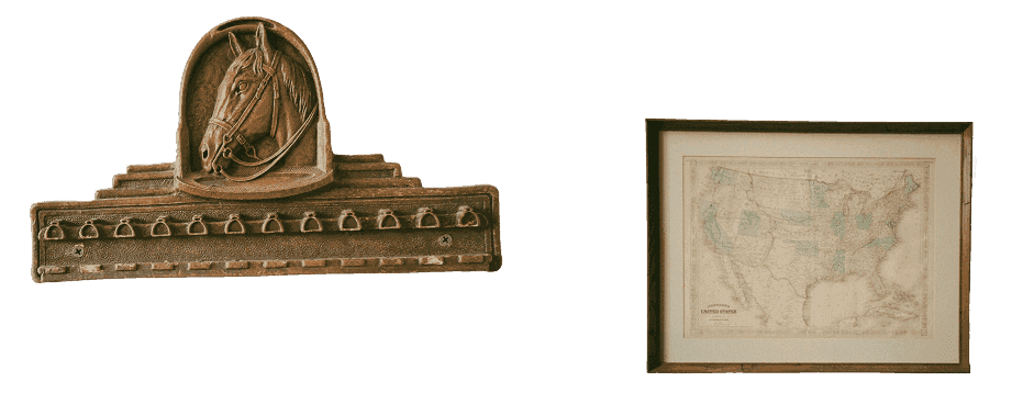 Office ephemera: a burlap grain sack on a stand and a framed sketch