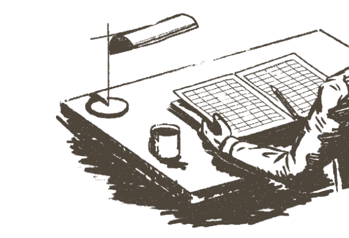 A sketch of a person with an old-school drafting desk.