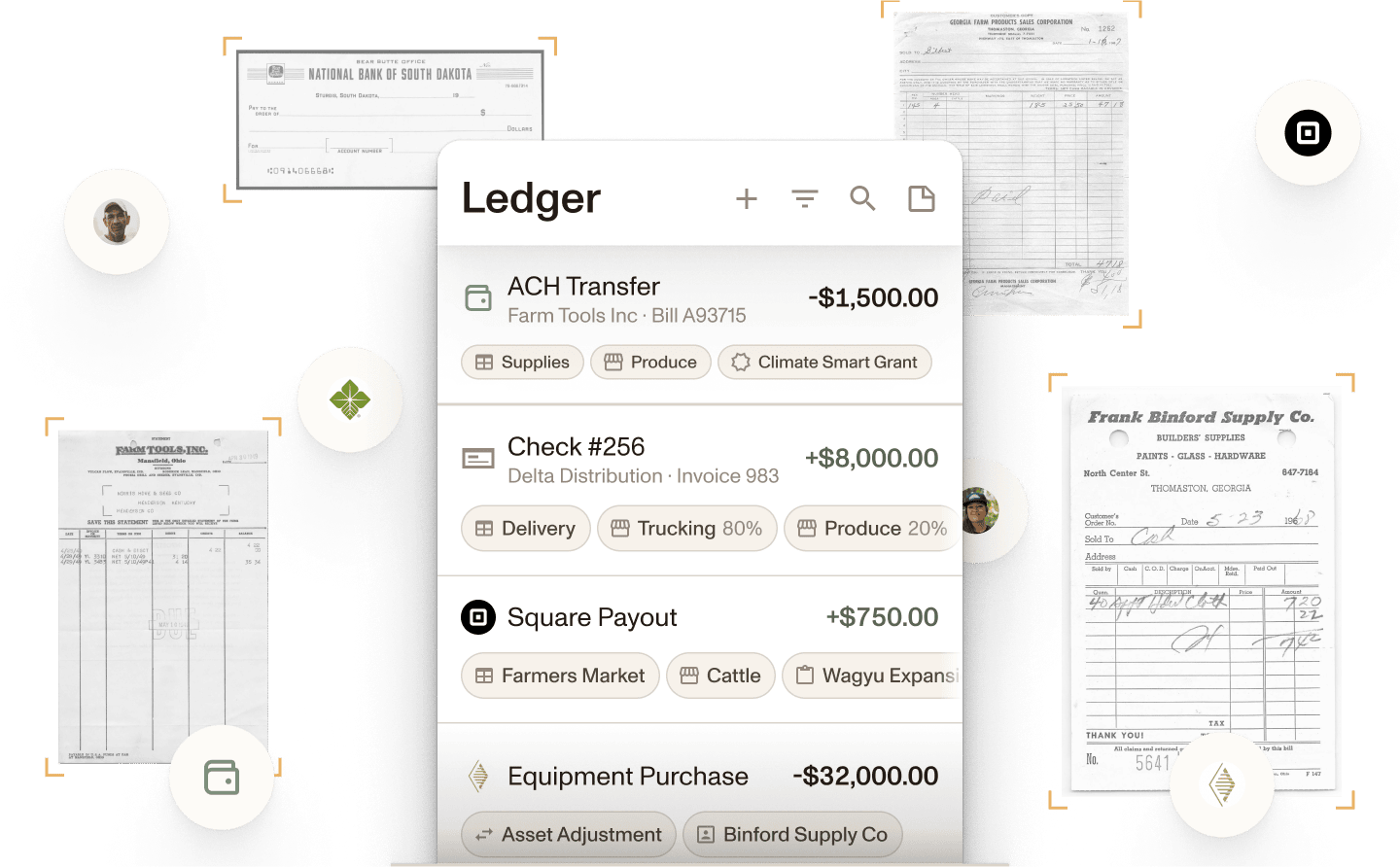 Receipts, bills, checks, bank accounts, and team members all come together into a view of Ambrook's ledger interface, with transactions tagged.