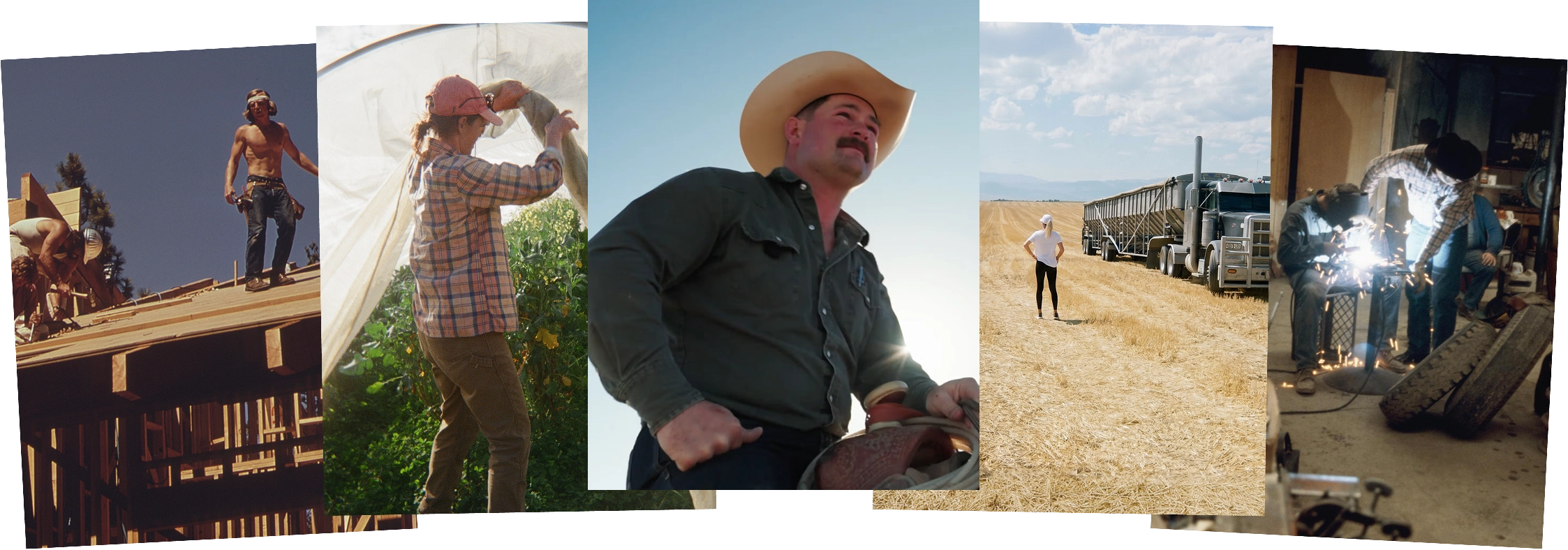 Collage of American business owners at work: a construction crew framing a building, a farmer walking through an open field, ranchers working cattle, and a family on their land