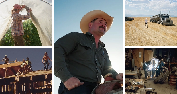 Collage of American business owners at work: a construction crew framing a building, a farmer walking through an open field, ranchers working cattle, and a family on their land