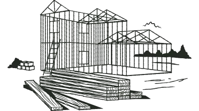 Illustrated construction icon — building and equipment