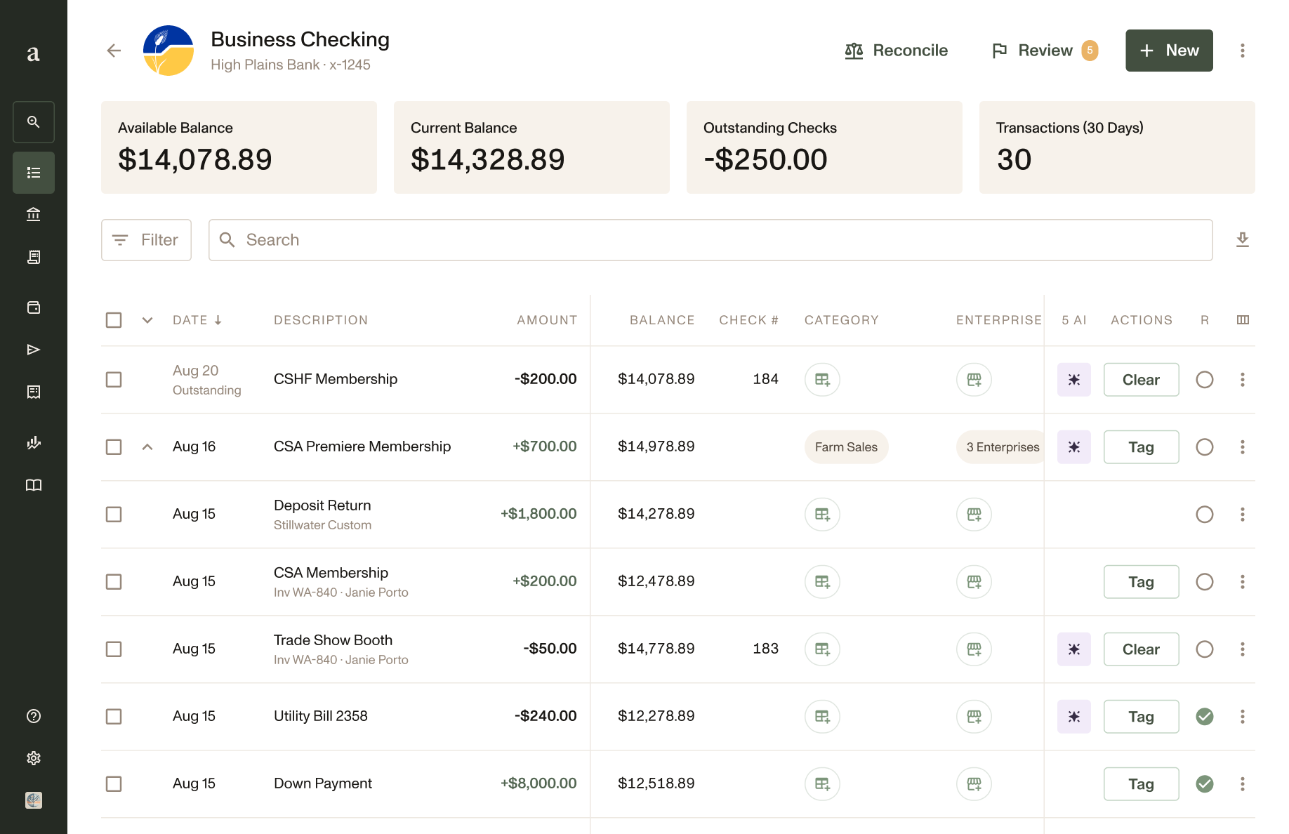 Laptop user interface mockup of bookkeeping in the ledger on Ambrook