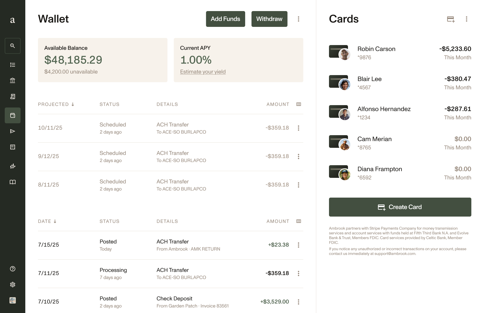 Laptop user interface mockup of spending cards on Ambrook