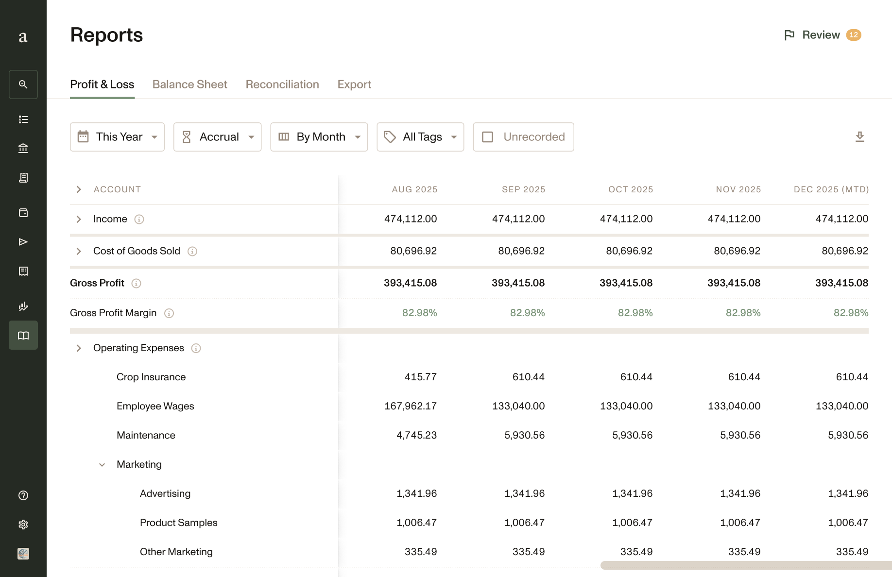 Laptop user interface mockup of interactive reports and accounting statements on Ambrook