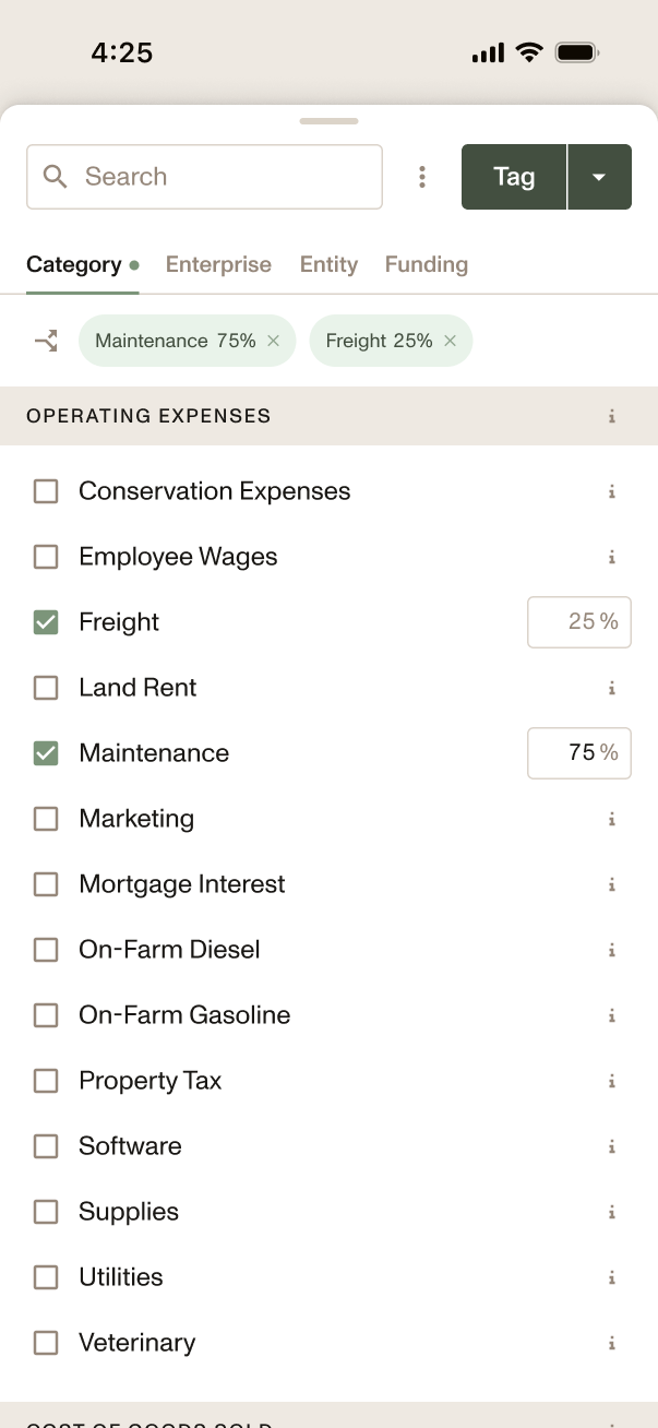 Phone user interface mockup of bookkeeping in the ledger on Ambrook