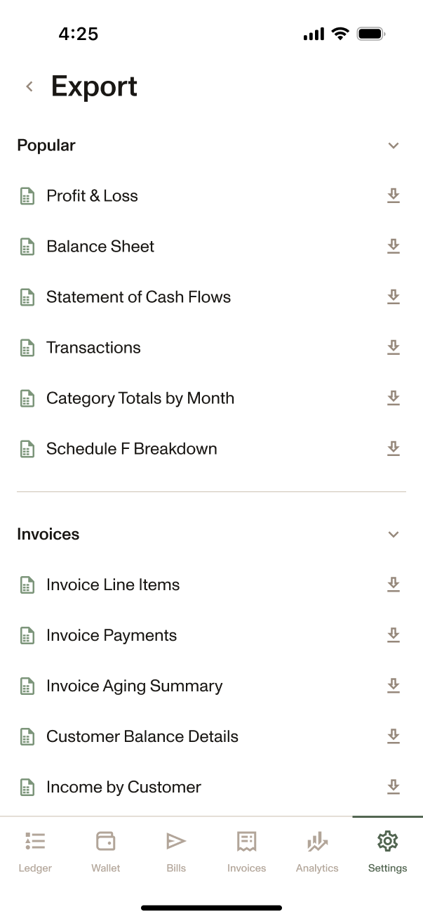 Phone user interface mockup of interactive reports and accounting statements on Ambrook