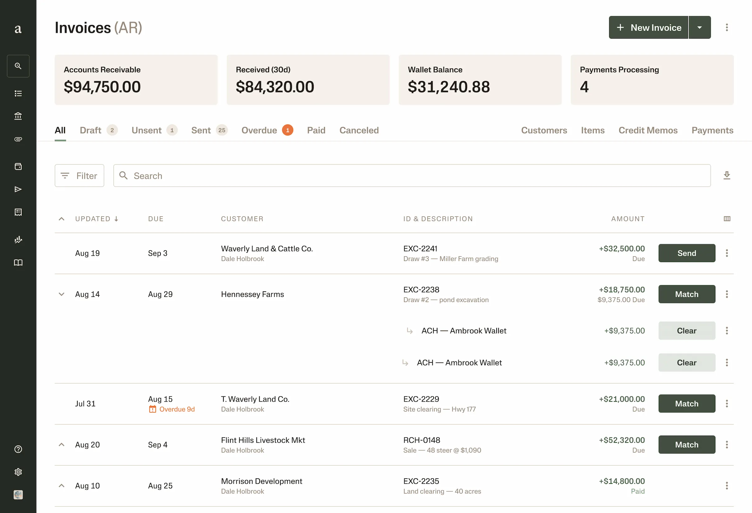 Laptop user interface mockup of invoicing on Ambrook