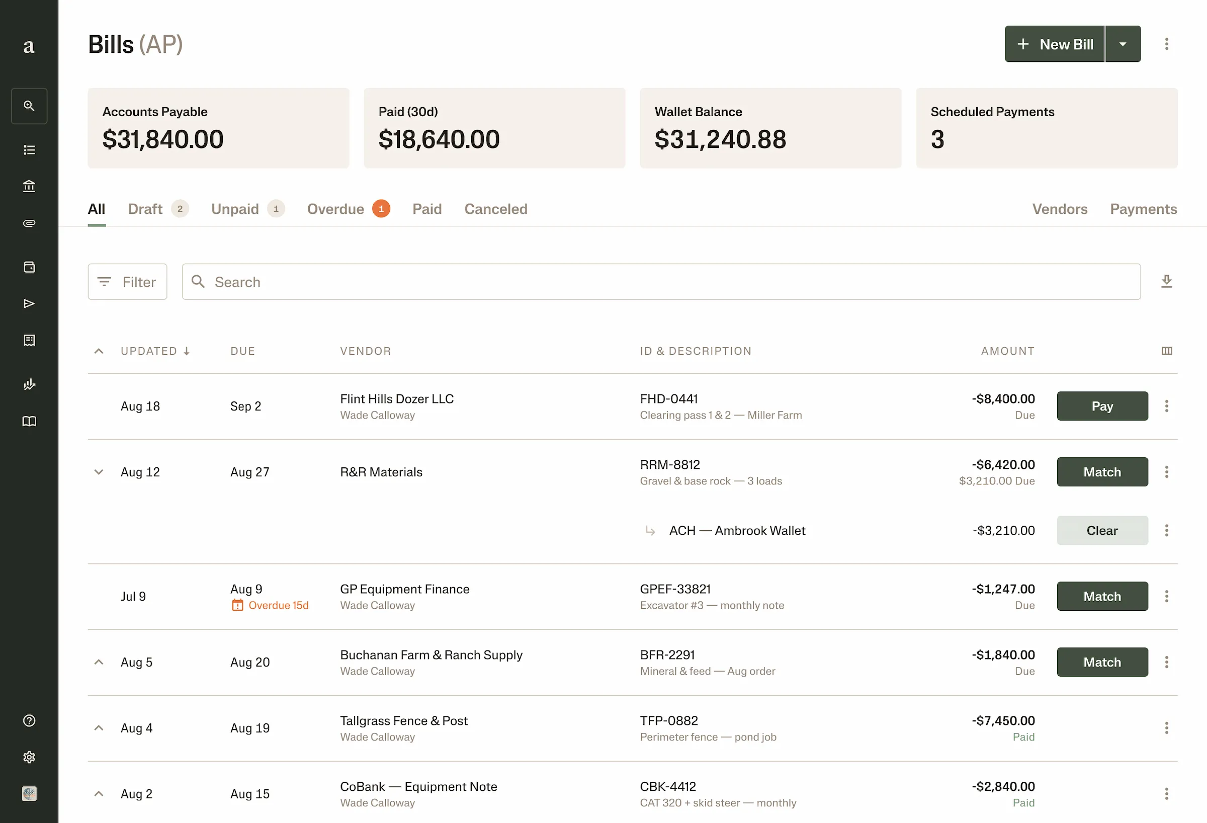Laptop user interface mockup of Payments on Ambrook