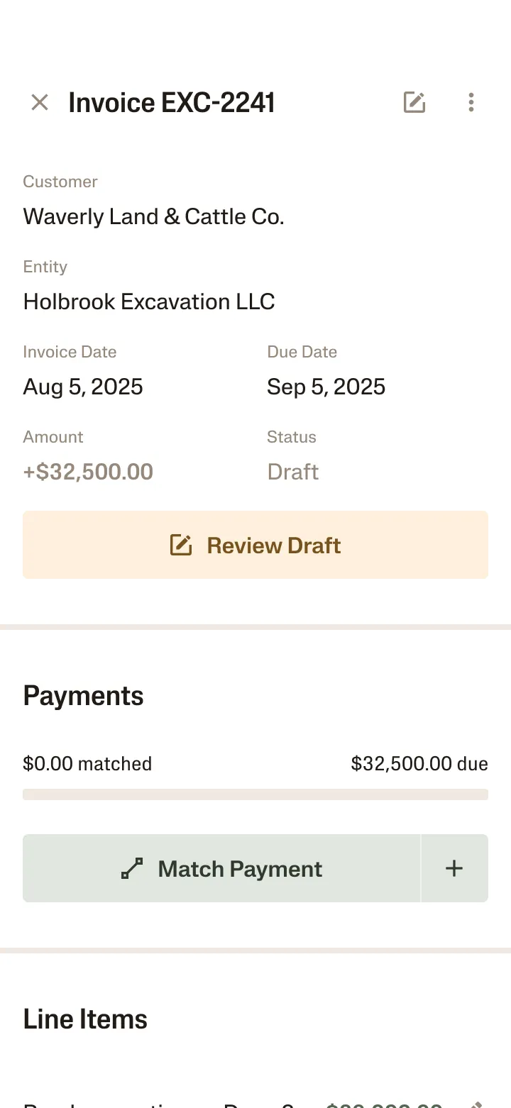 Phone user interface mockup of an invoice on Ambrook