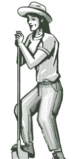 Woman with cowboy hat holding shovel.
