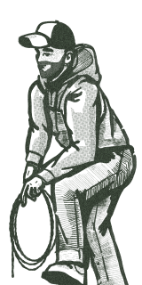 Man holding lasso with cap.