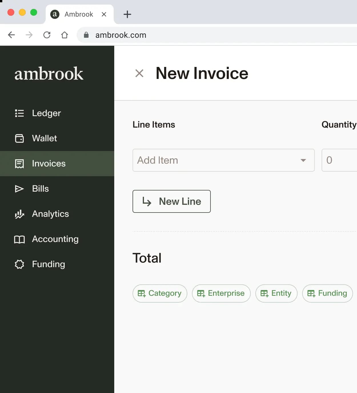 Ambrook's web application showing invoicing, bills, Wallet, and accounting.