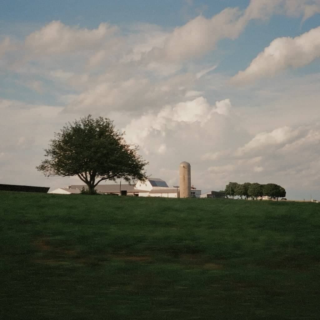 A farm with a large field in the foreground accompanied by a barn, silos, and a large tree.