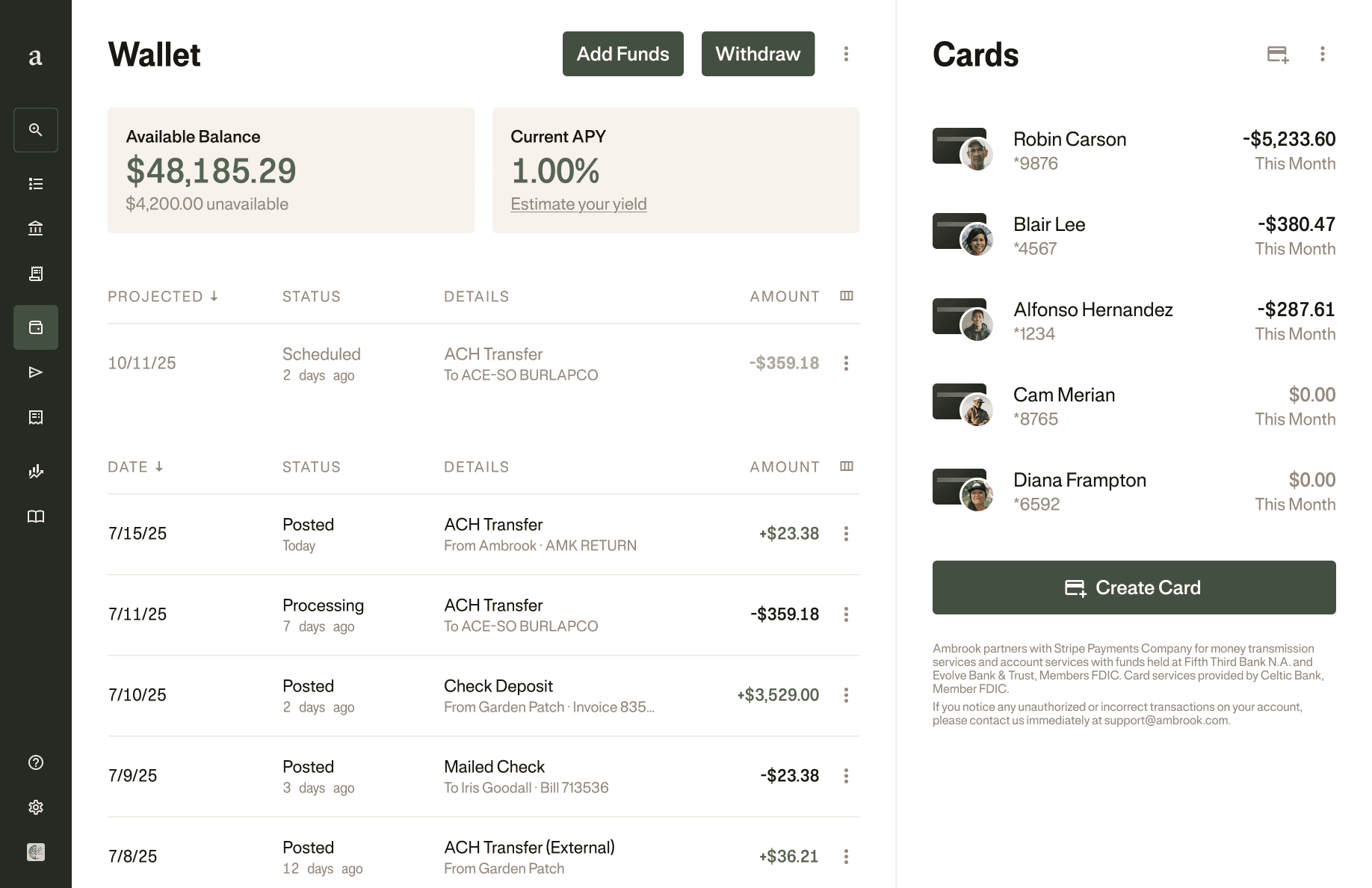 Laptop user interface mockup of spending cards on Ambrook