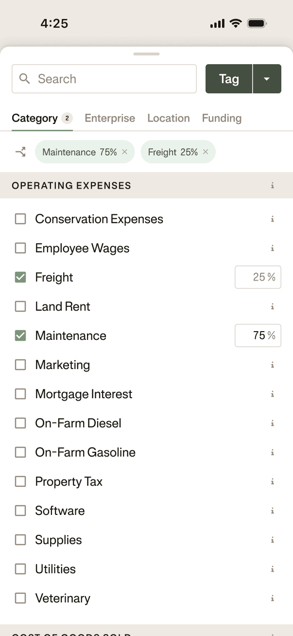 Phone user interface mockup of bookkeeping in the ledger on Ambrook