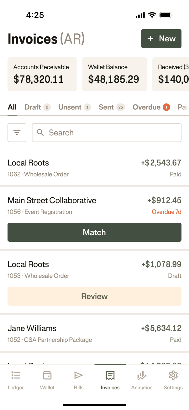 Phone user interface mockup of invoicing on Ambrook