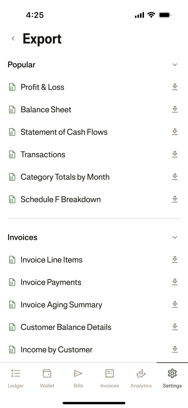 Phone user interface mockup of interactive reports and accounting statements on Ambrook