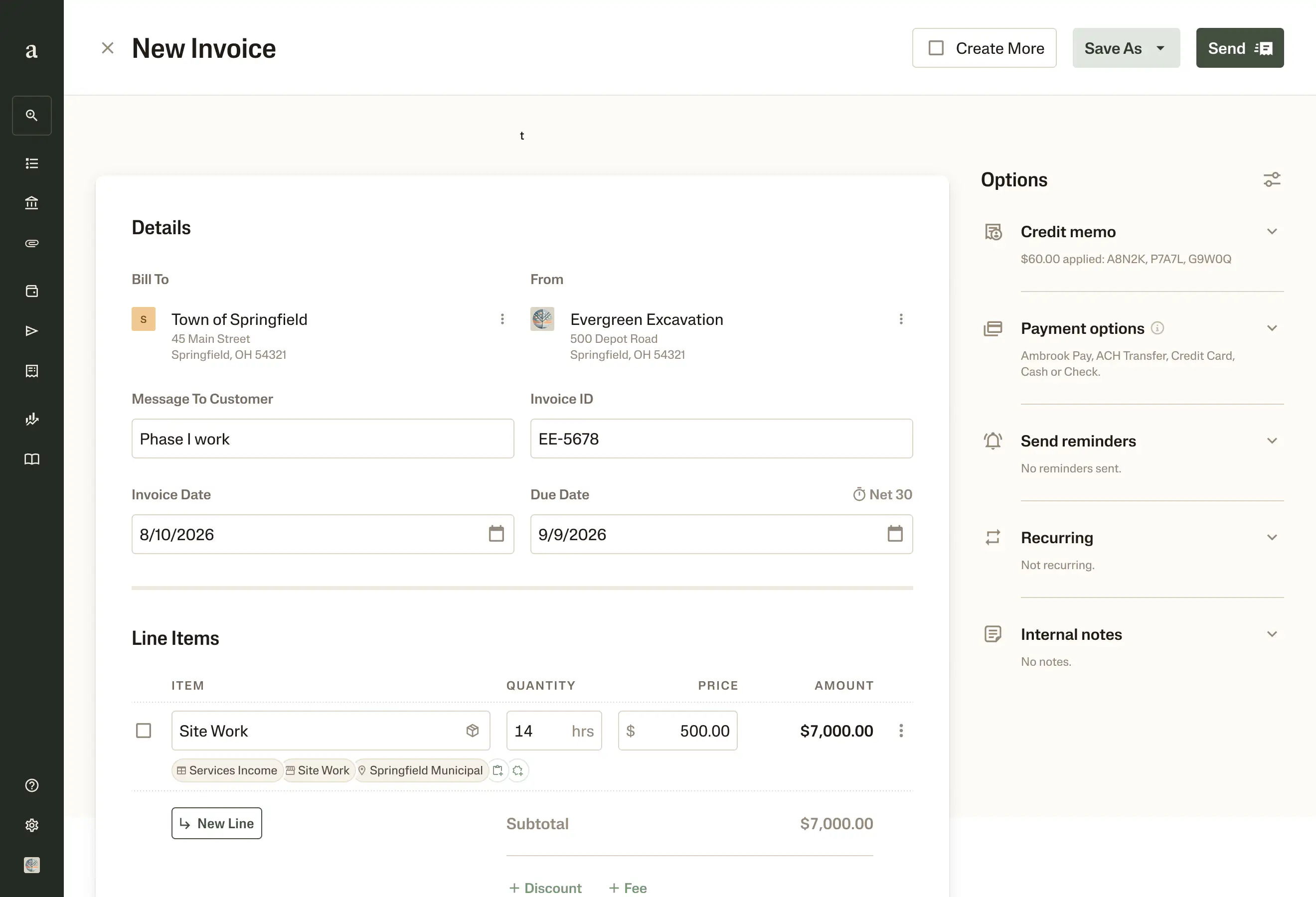 Laptop user interface mockup of invoicing on Ambrook