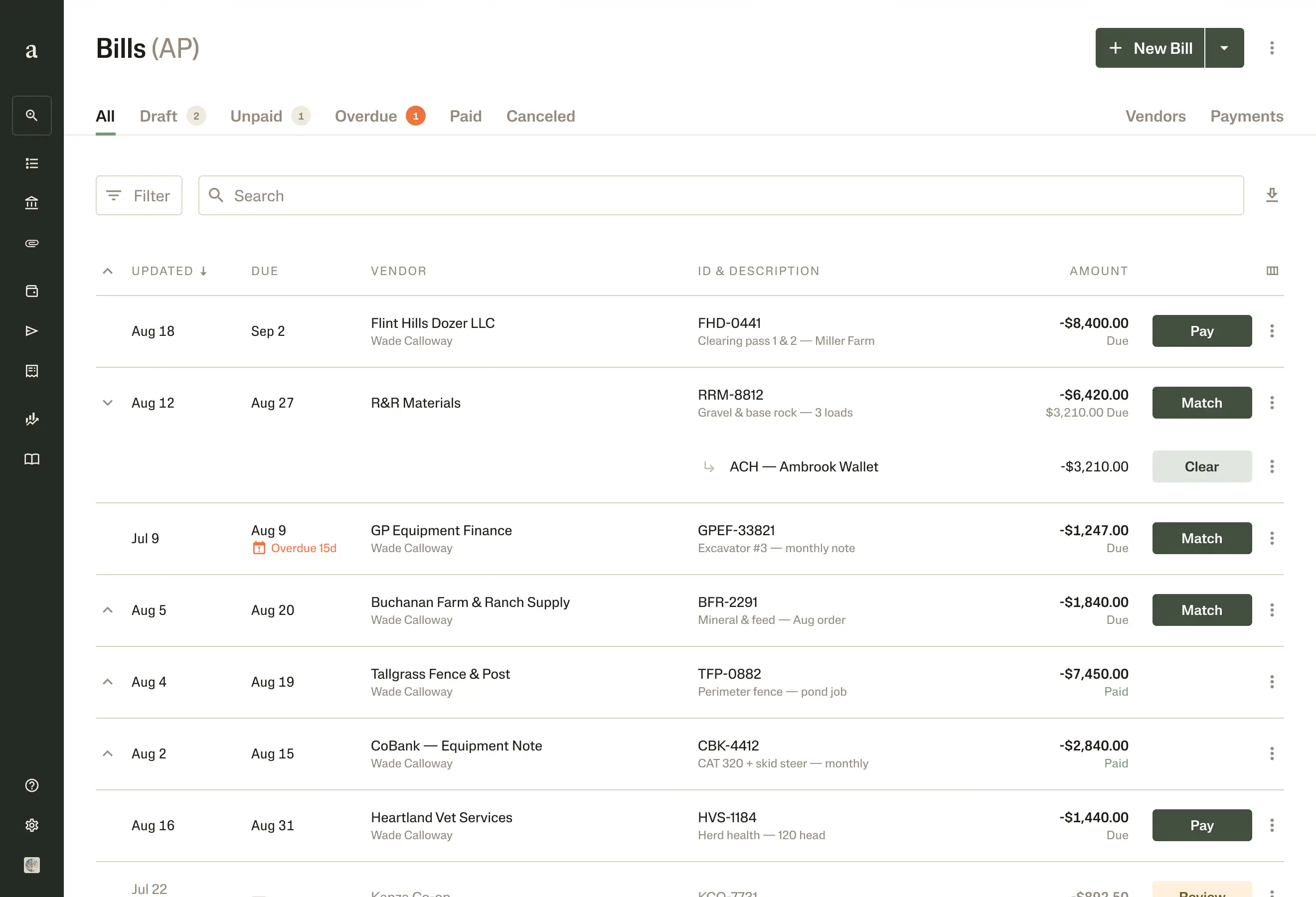 Laptop user interface mockup of Payments on Ambrook