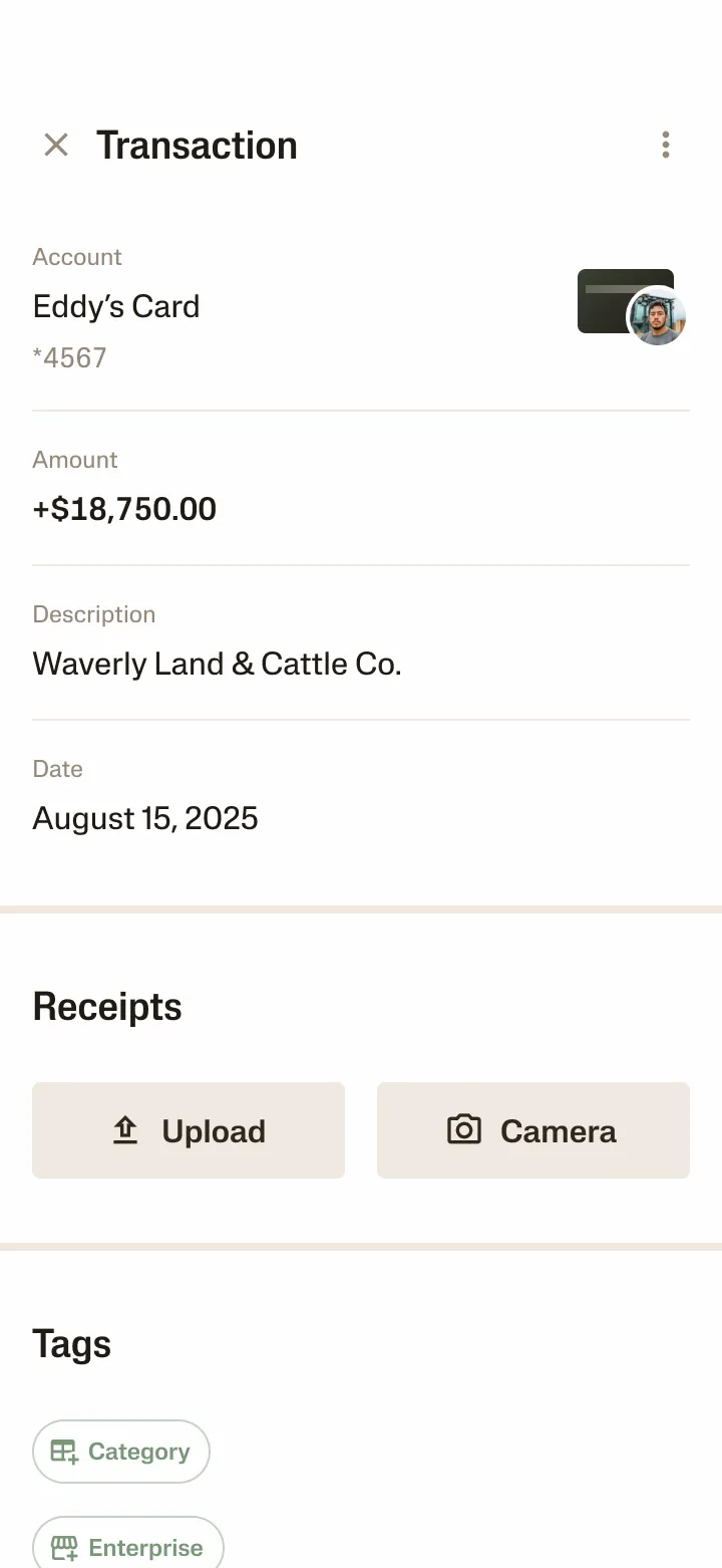 Phone user interface mockup of a bookkeeping transaction on Ambrook